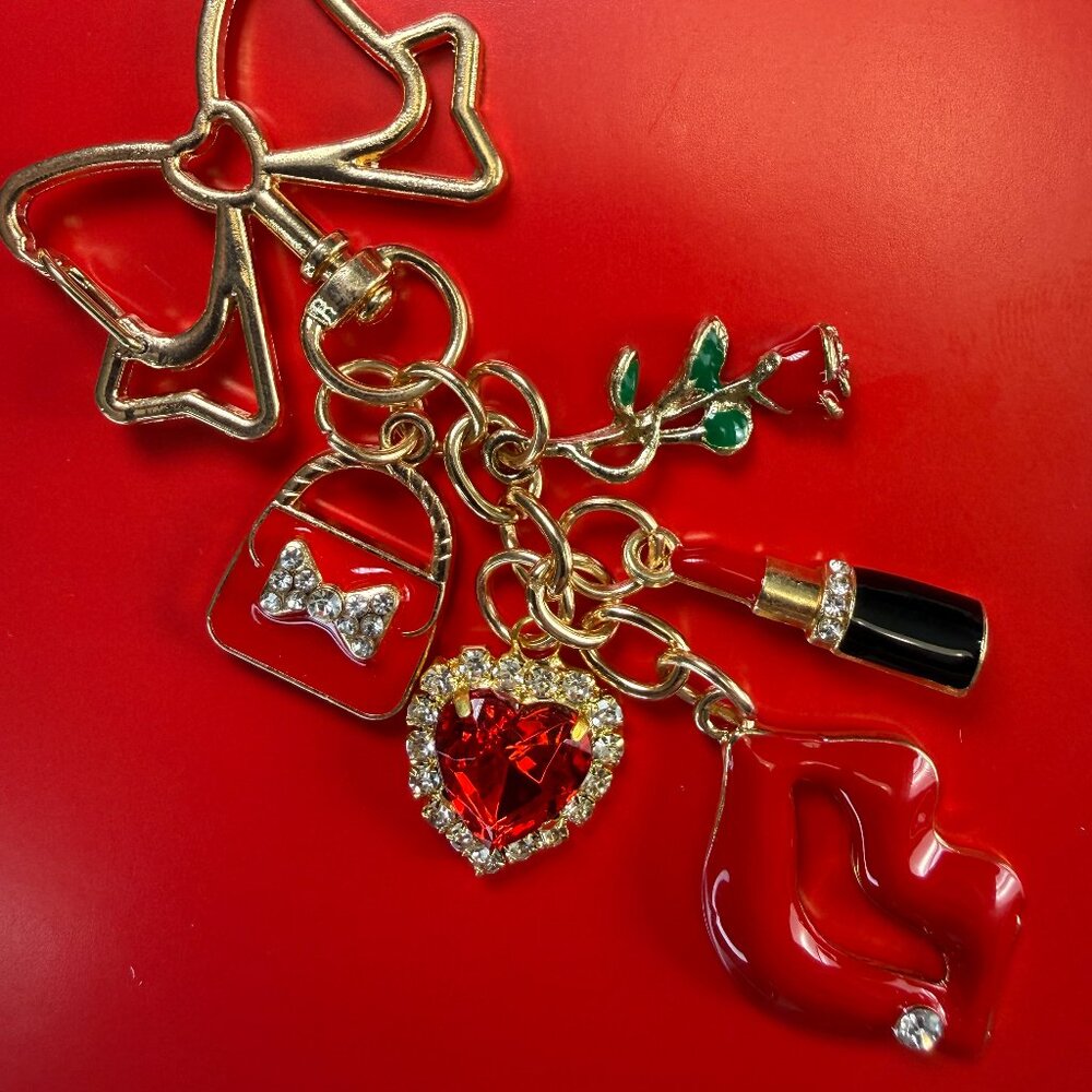 Gold Bow Charm Keychain with Red Lips, Purse, Heart, Lipstick & Rose